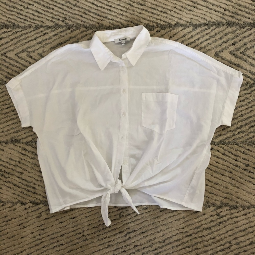 Madewell white collared crop top with tie at waist